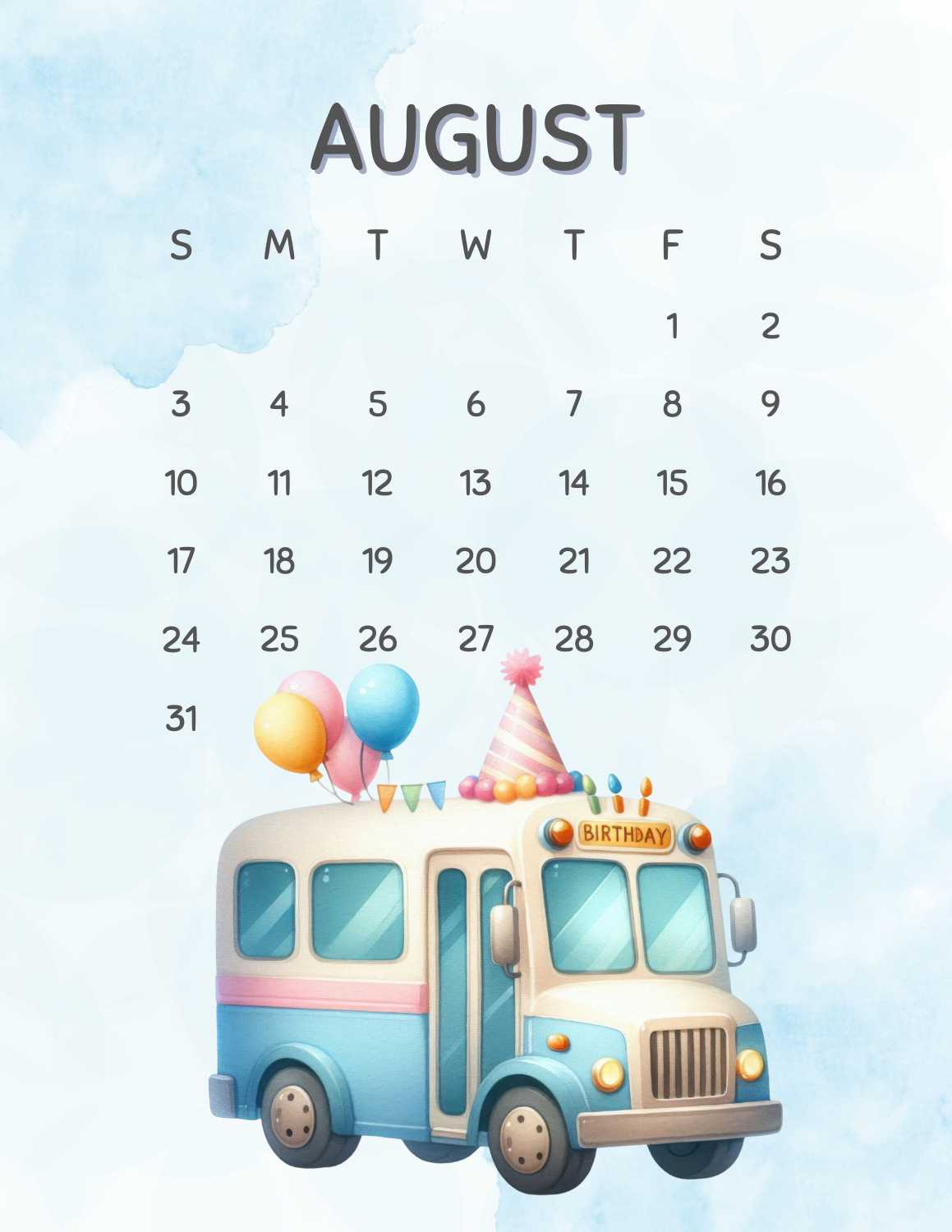 cute vehicles calendar 2025 - August