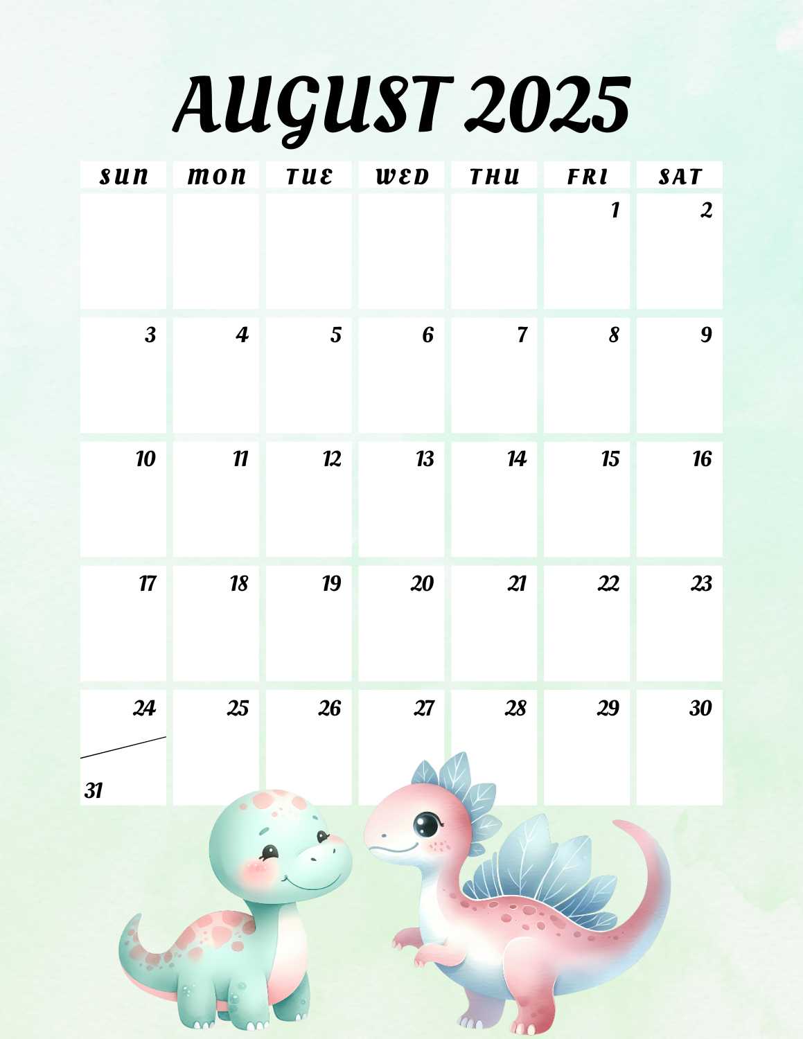 cute dinosaurs calendar 2025 - August