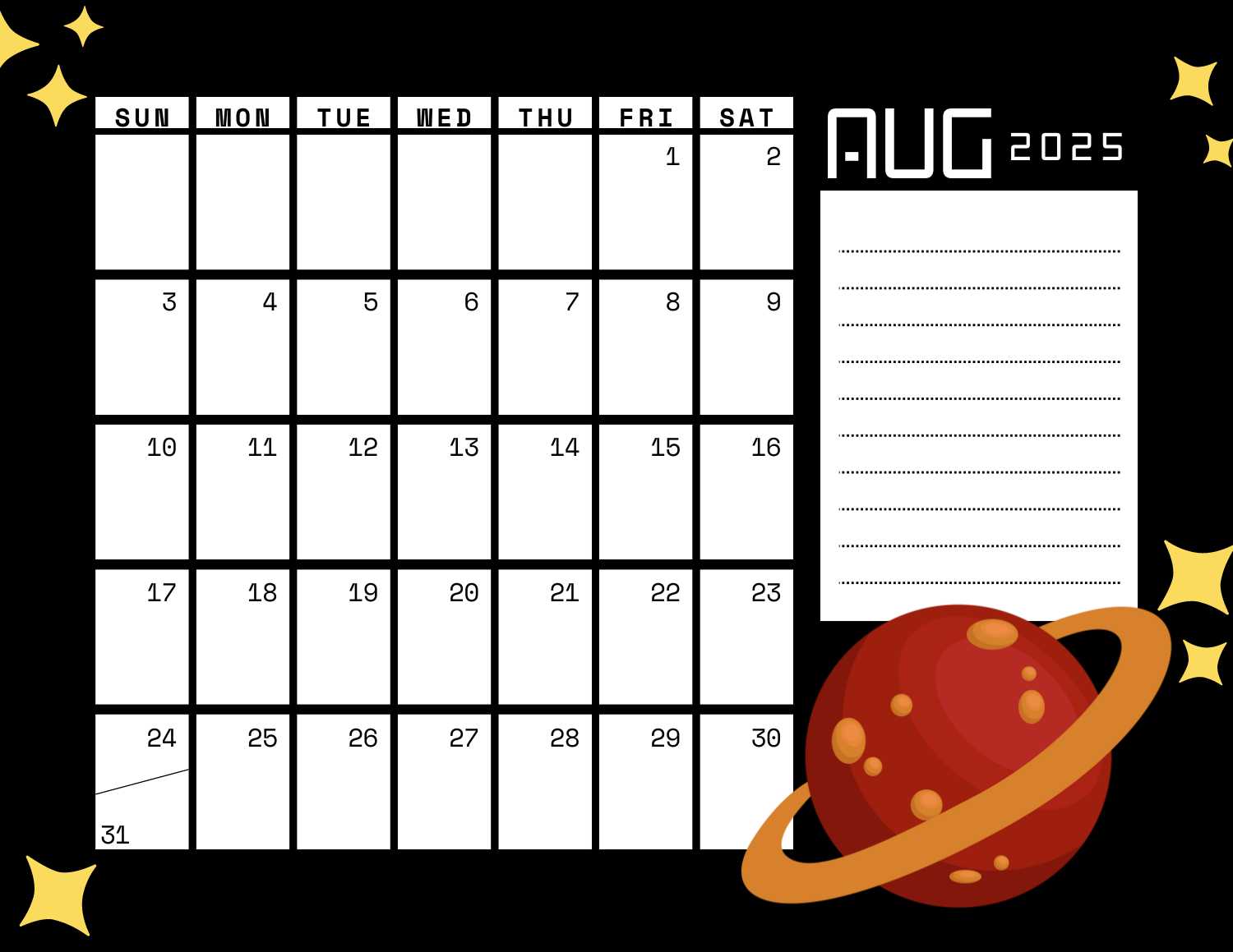 space (black) calendar 2025 - August