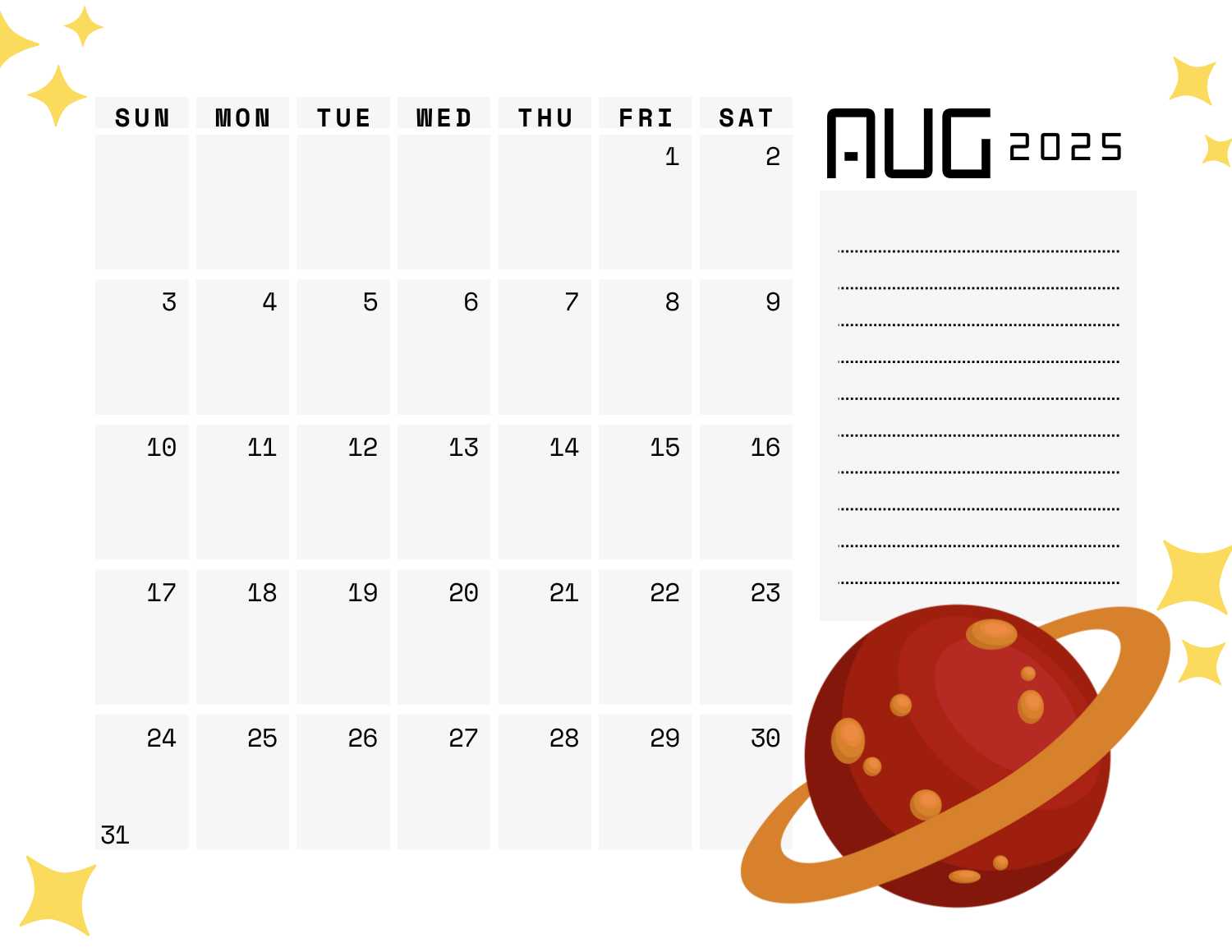 space (white) calendar 2025 - August