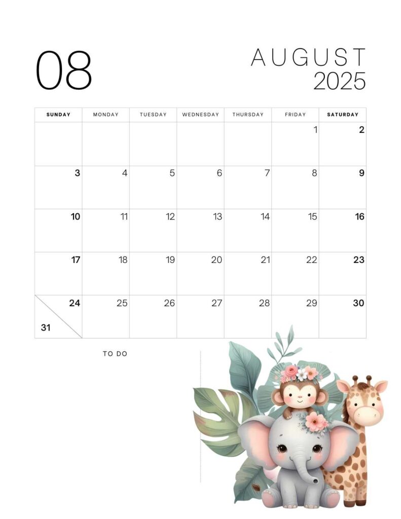 cute animals calendar 2025 - august