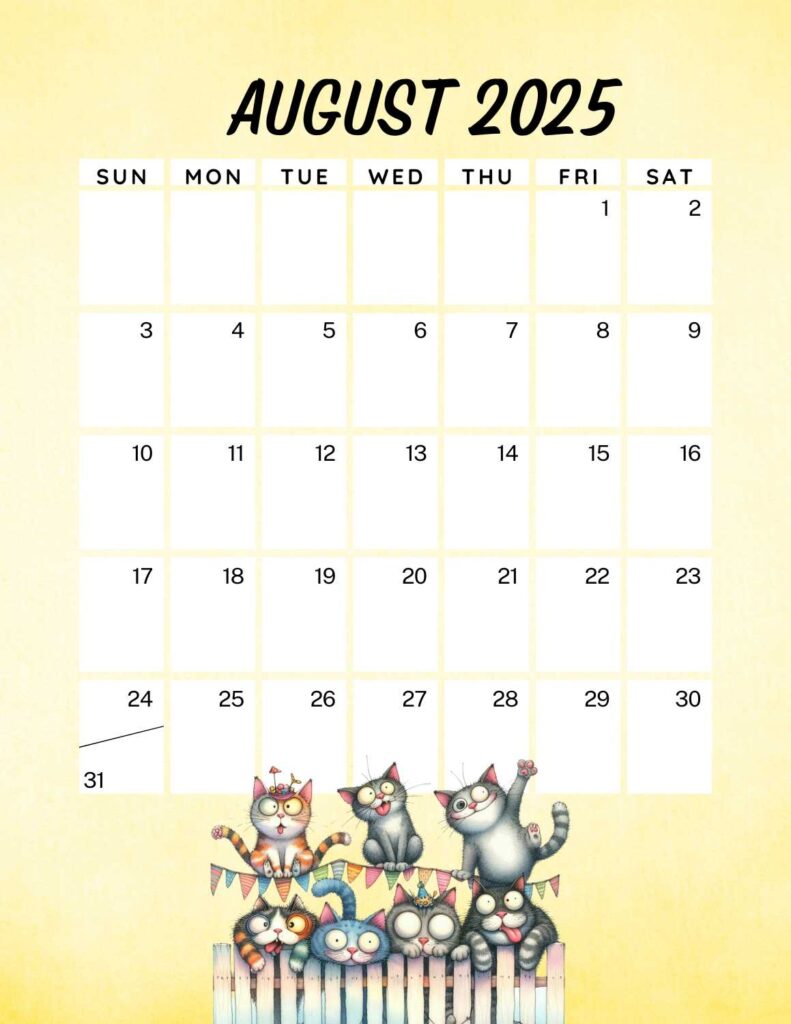 cute cats calendar 2025 - august