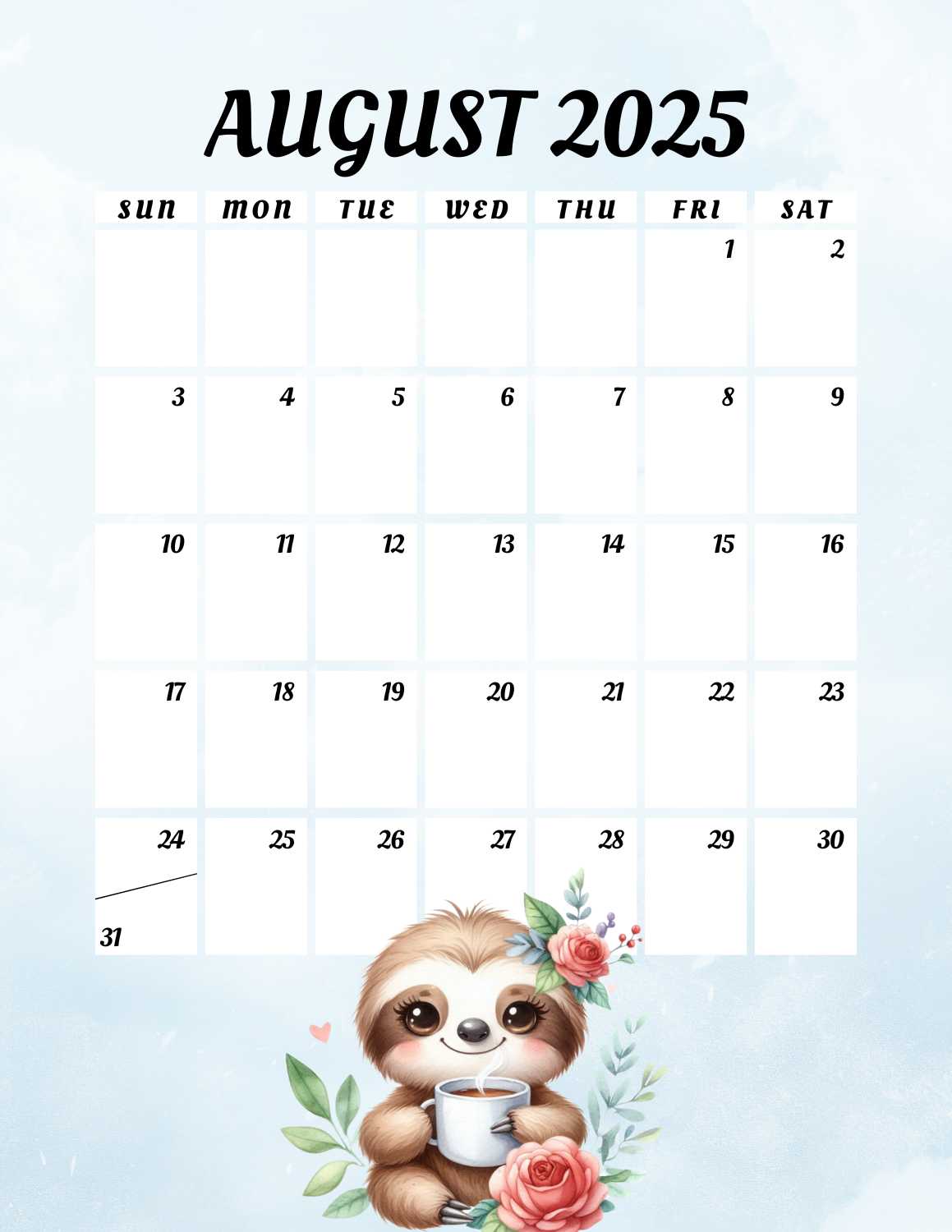 cute sloths calendar 2025 - August