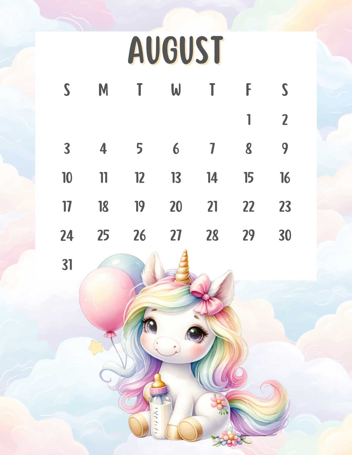 cute unicorn calendar 2025 - August