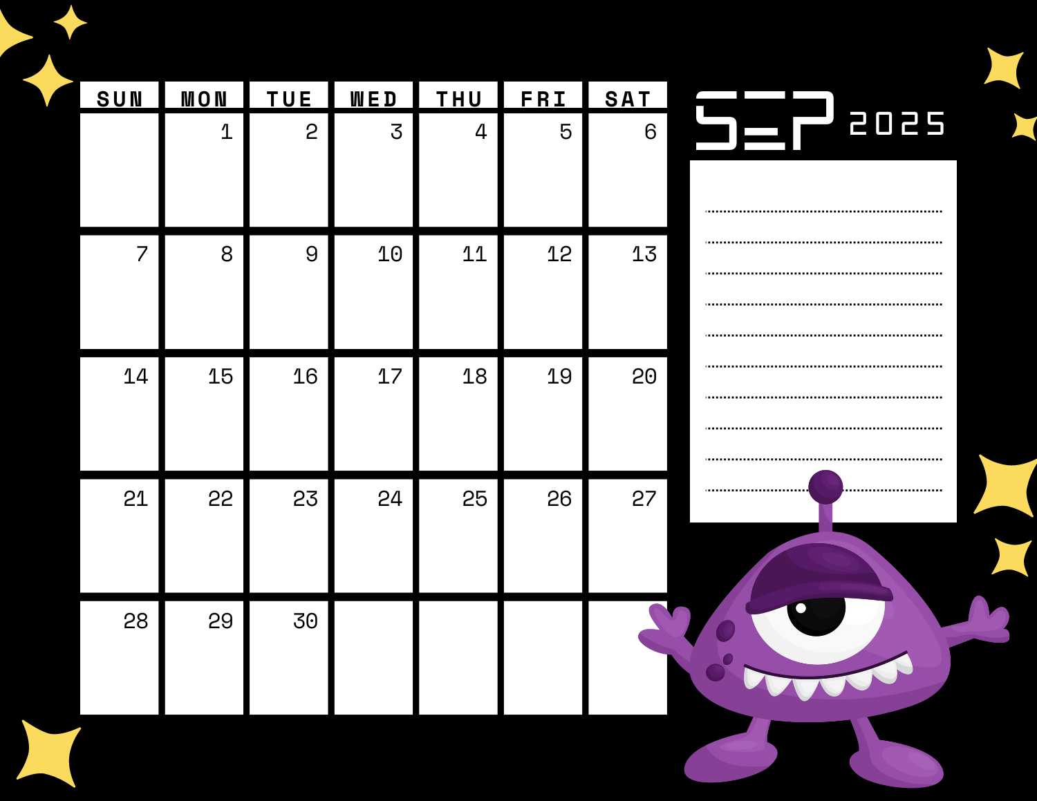 space (black) calendar 2025 - September