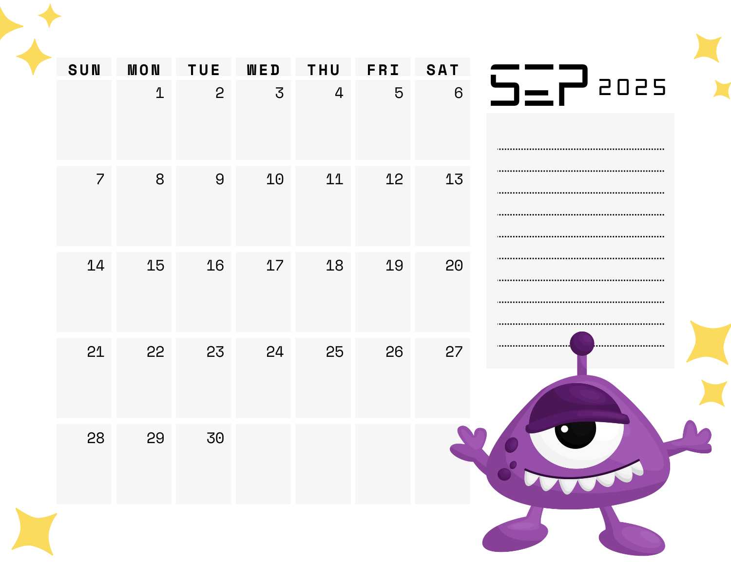 space (white) calendar 2025 - September