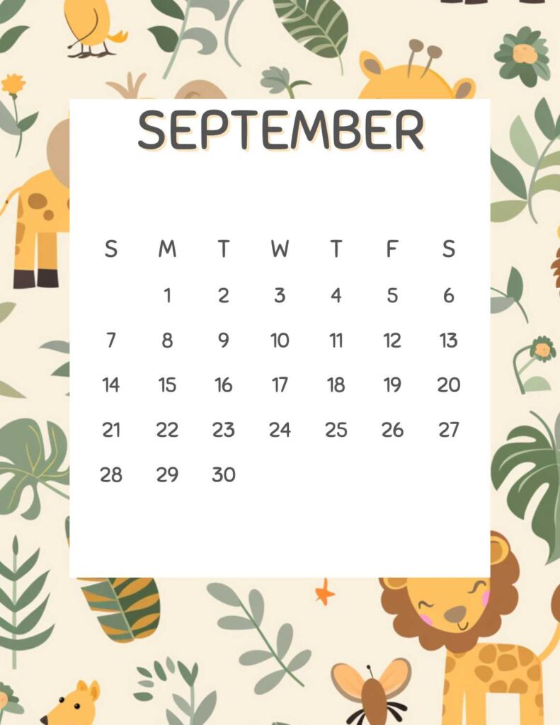 safari animals calendar 2025 - September