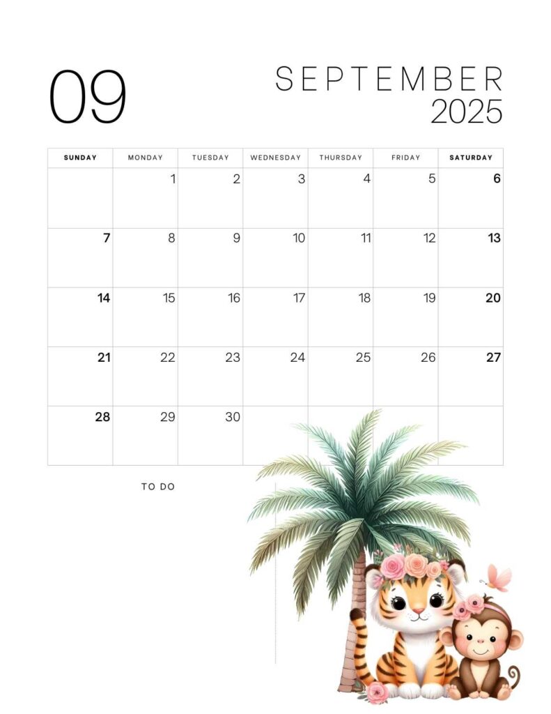 cute animals calendar 2025 - September