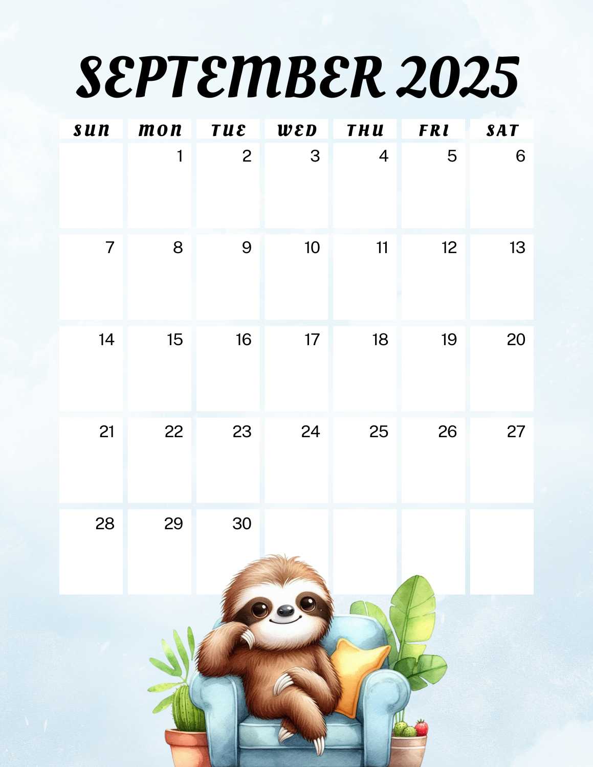 cute sloths calendar 2025 - September