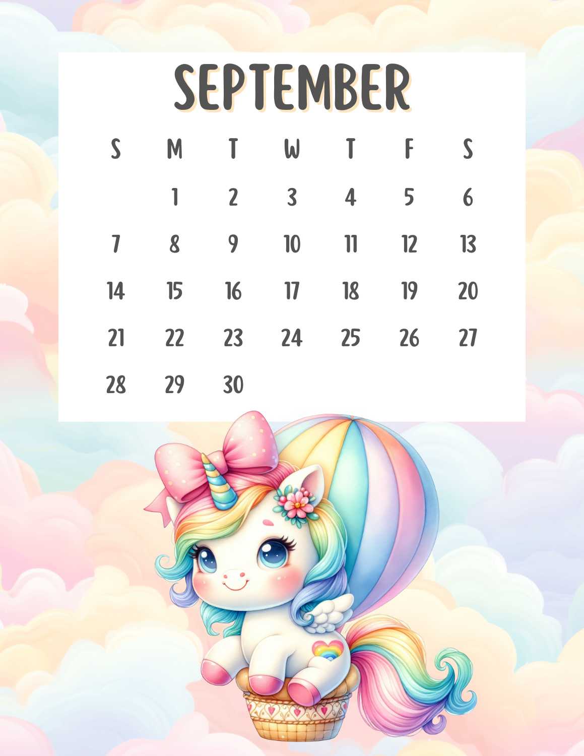 cute unicorn calendar 2025 - September