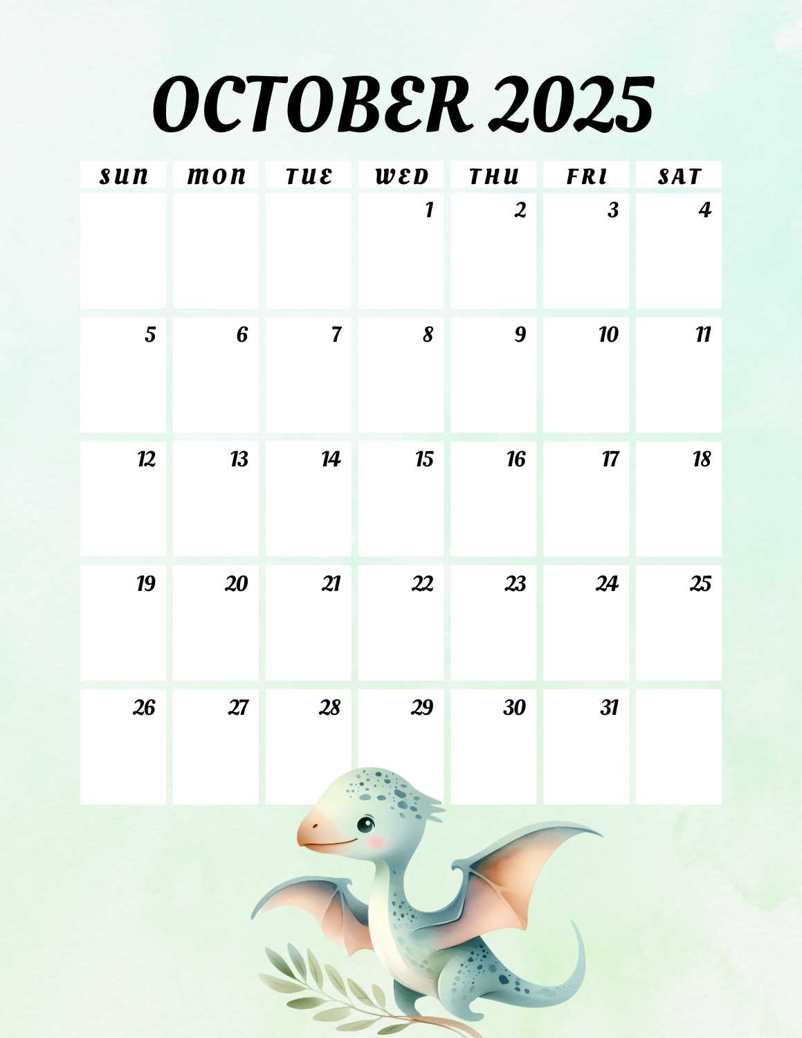 cute dinosaurs calendar 2025 - October