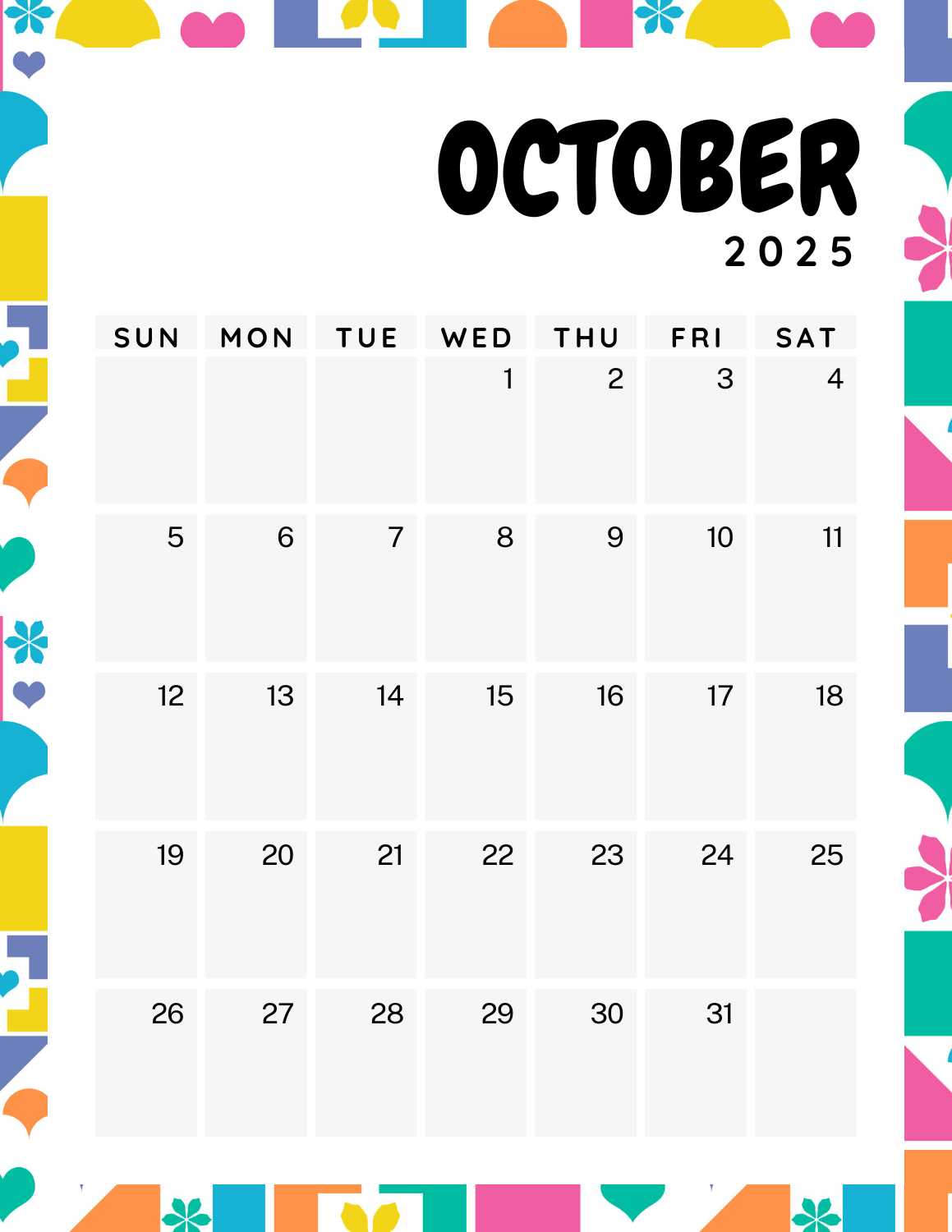 colorful calendar 2025 - October