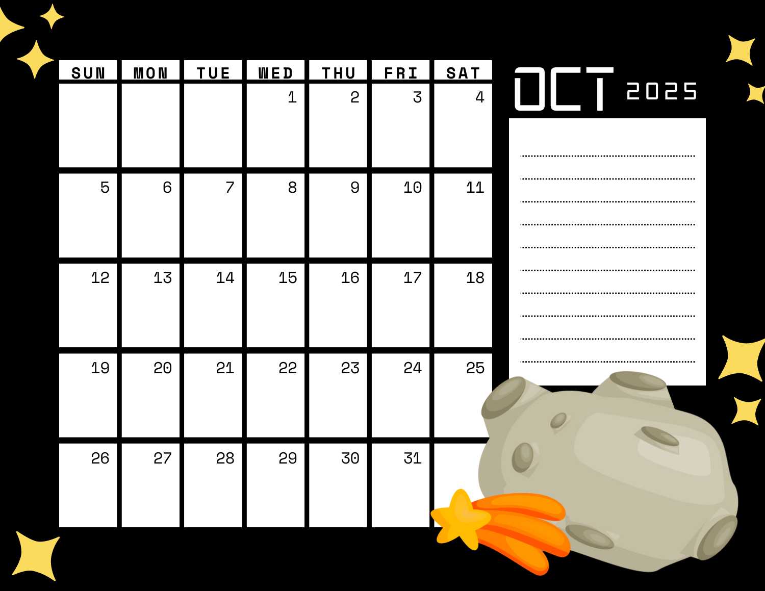 space (black) calendar 2025 - October