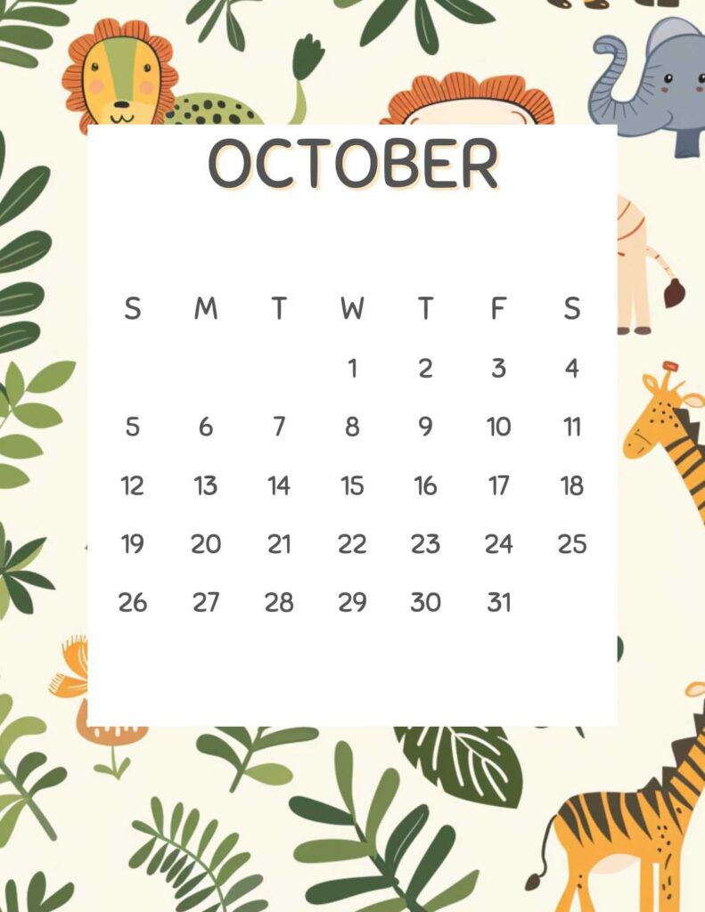 safari animals calendar 2025 - October