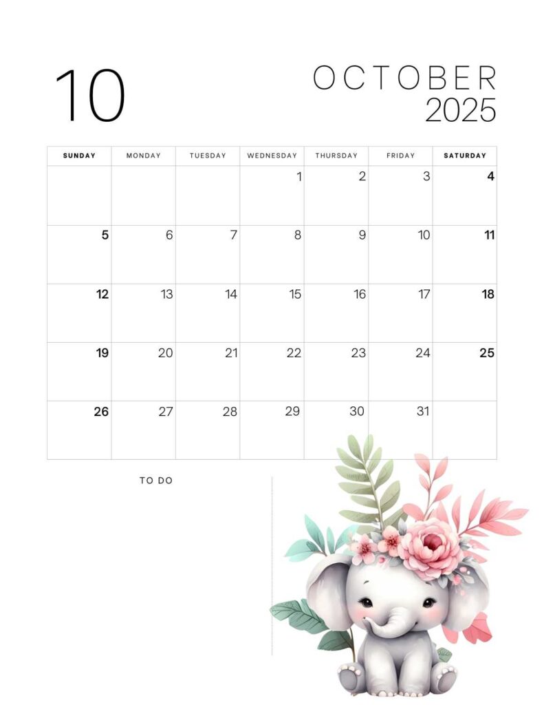 cute animals calendar 2025 - October