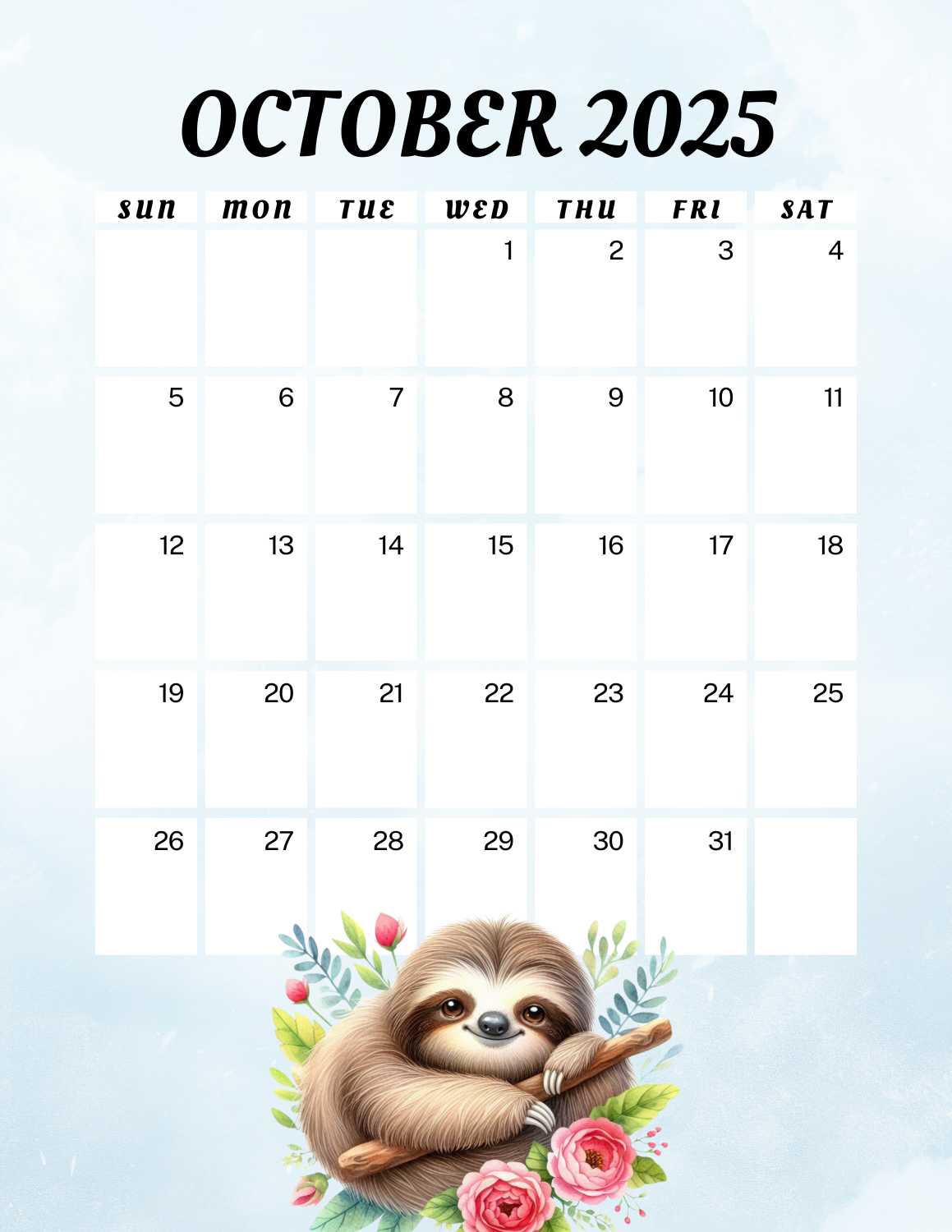 cute sloths calendar 2025 - October