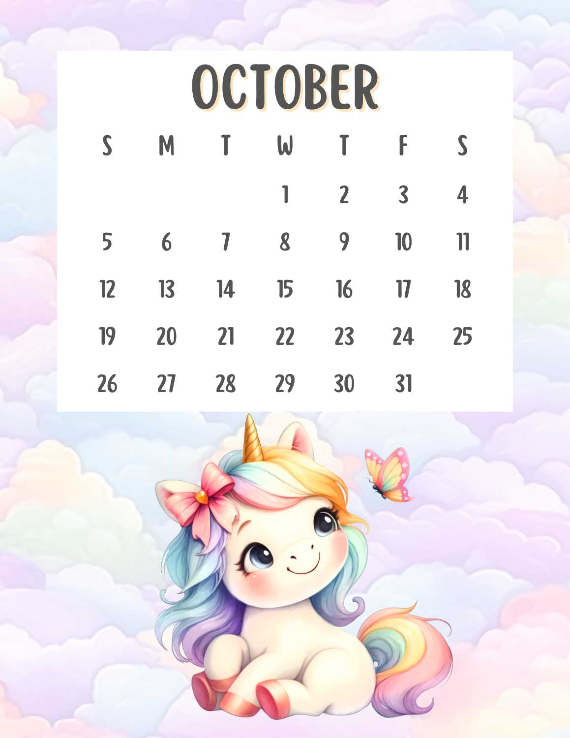 cute unicorn calendar 2025 - October