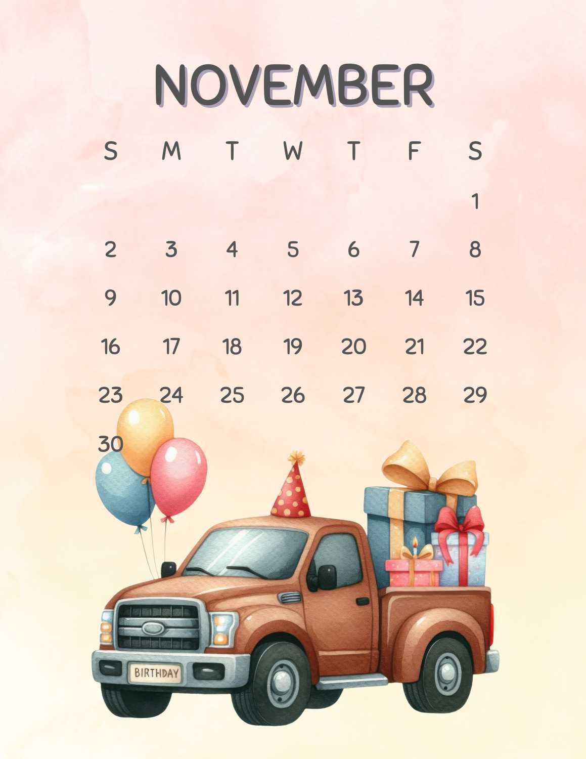 cute vehicles calendar 2025 - November