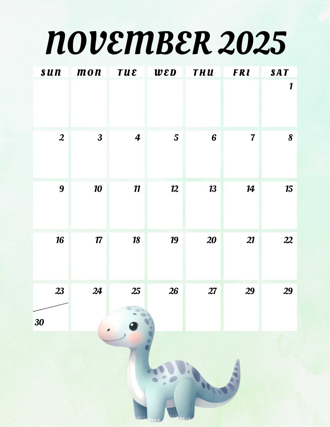 cute dinosaurs calendar 2025 - November