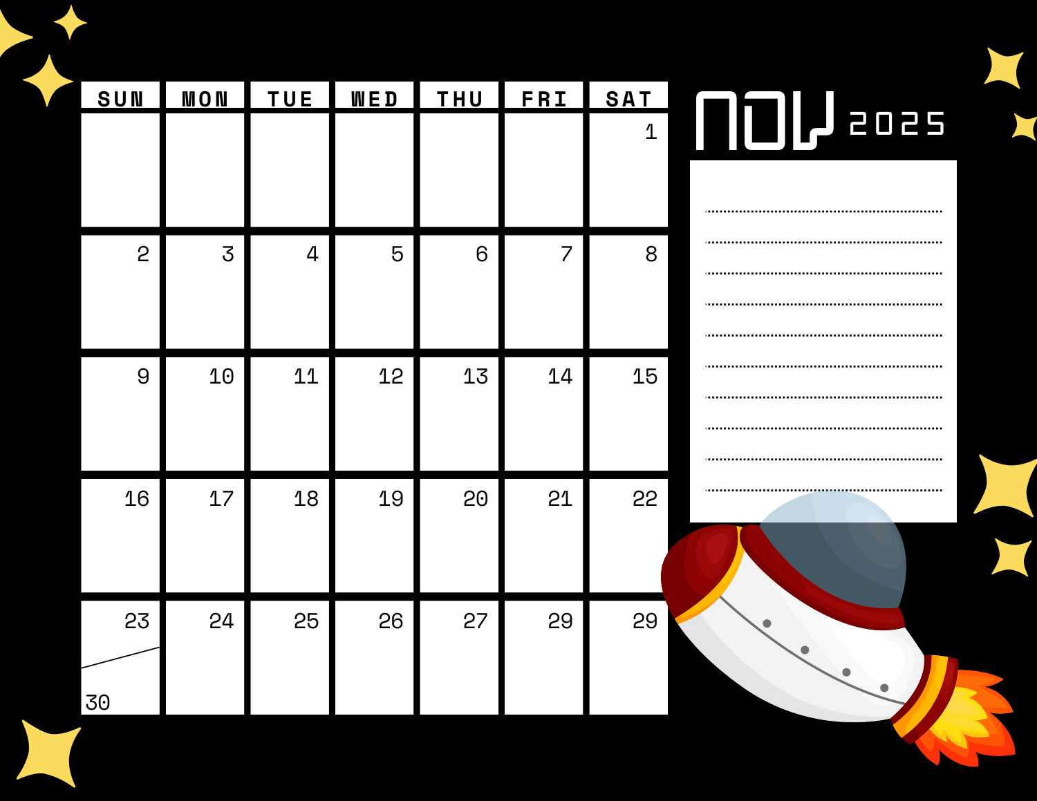 space (black) calendar 2025 - November