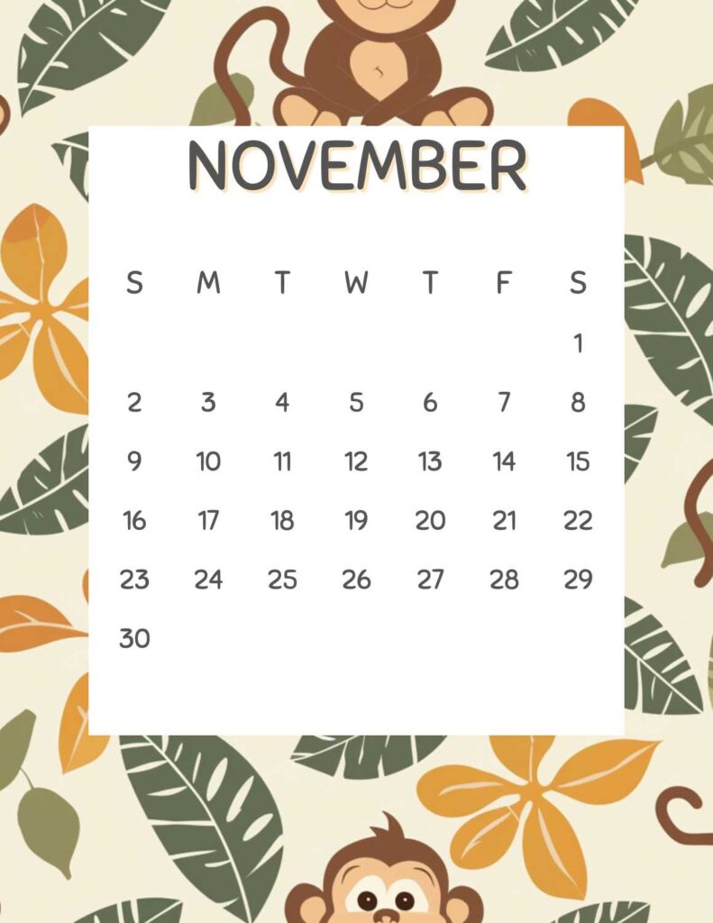 safari animals calendar 2025 - November