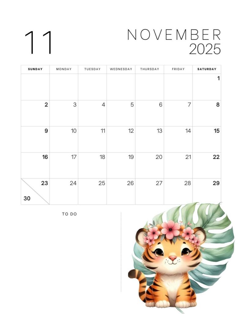 cute animals calendar 2025 - november