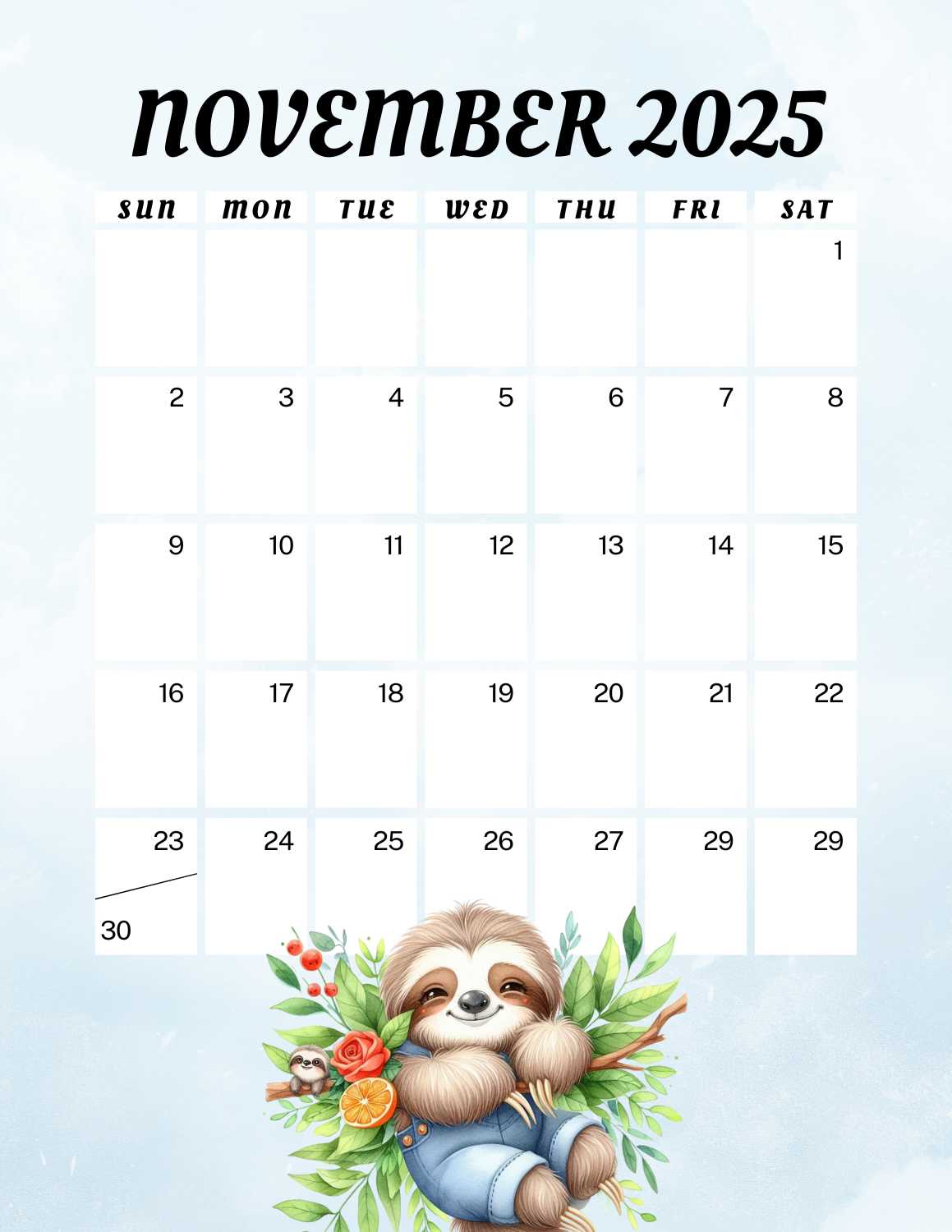 cute sloths calendar 2025 - November