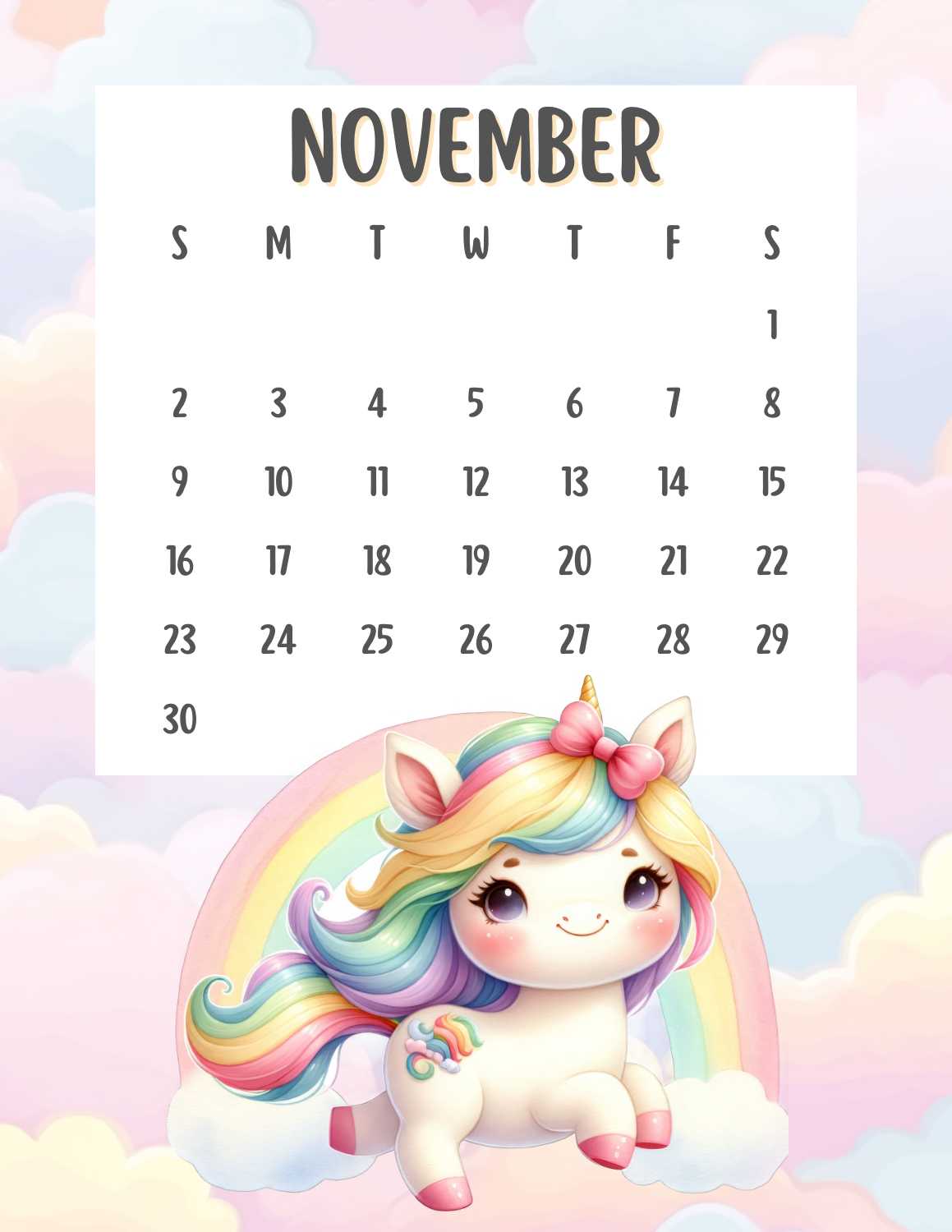 cute unicorn calendar 2025 - November