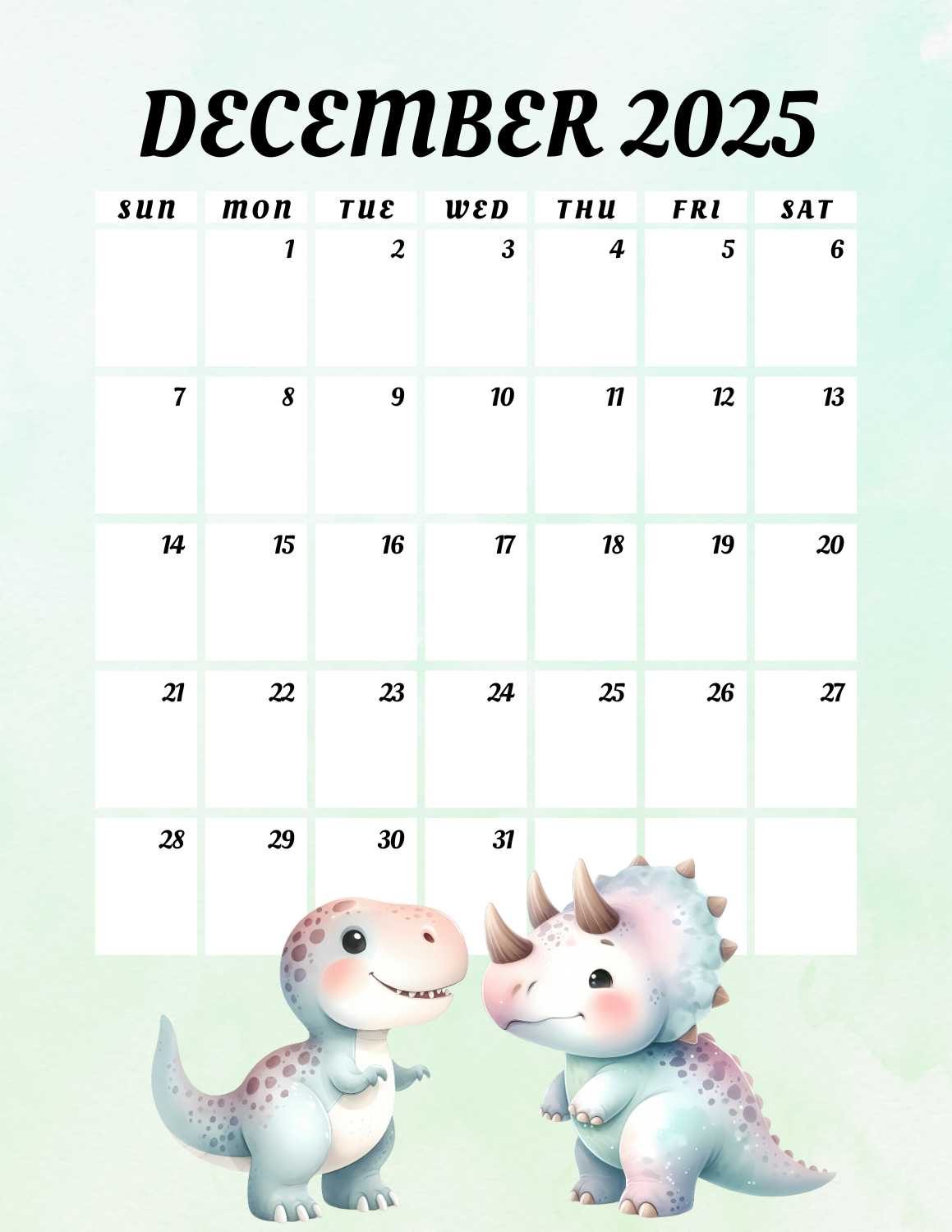 cute dinosaurs calendar 2025 - December