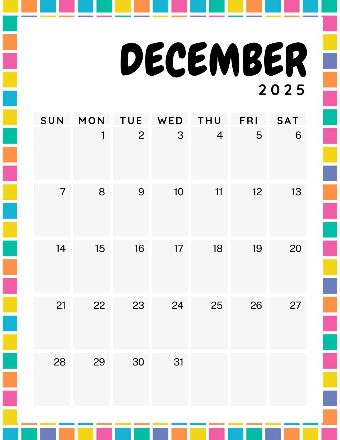 colorful calendar 2025 - December