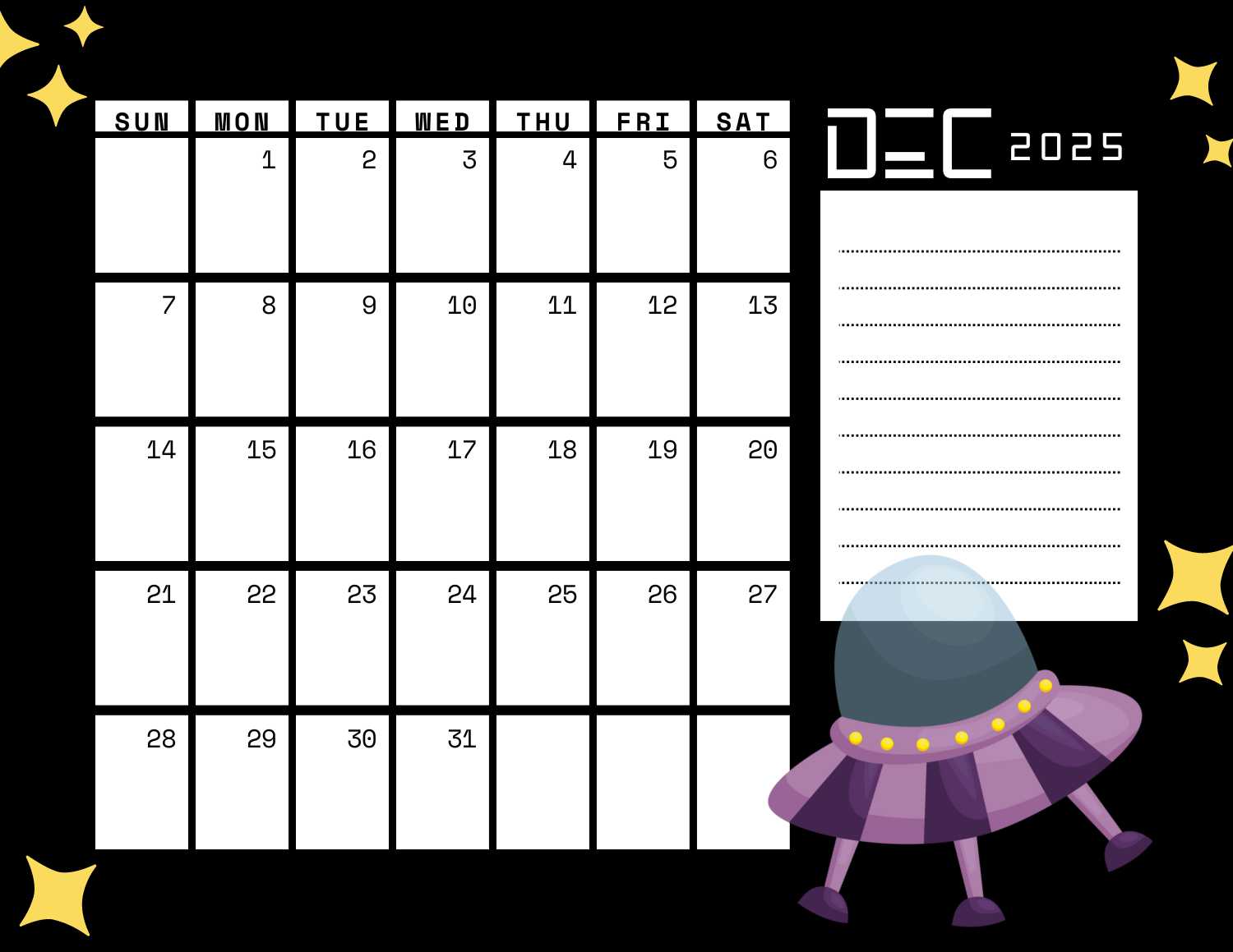 space (black) calendar 2025 - December