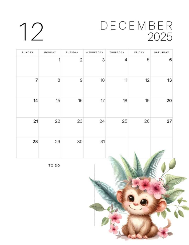 cute animals calendar 2025 - December