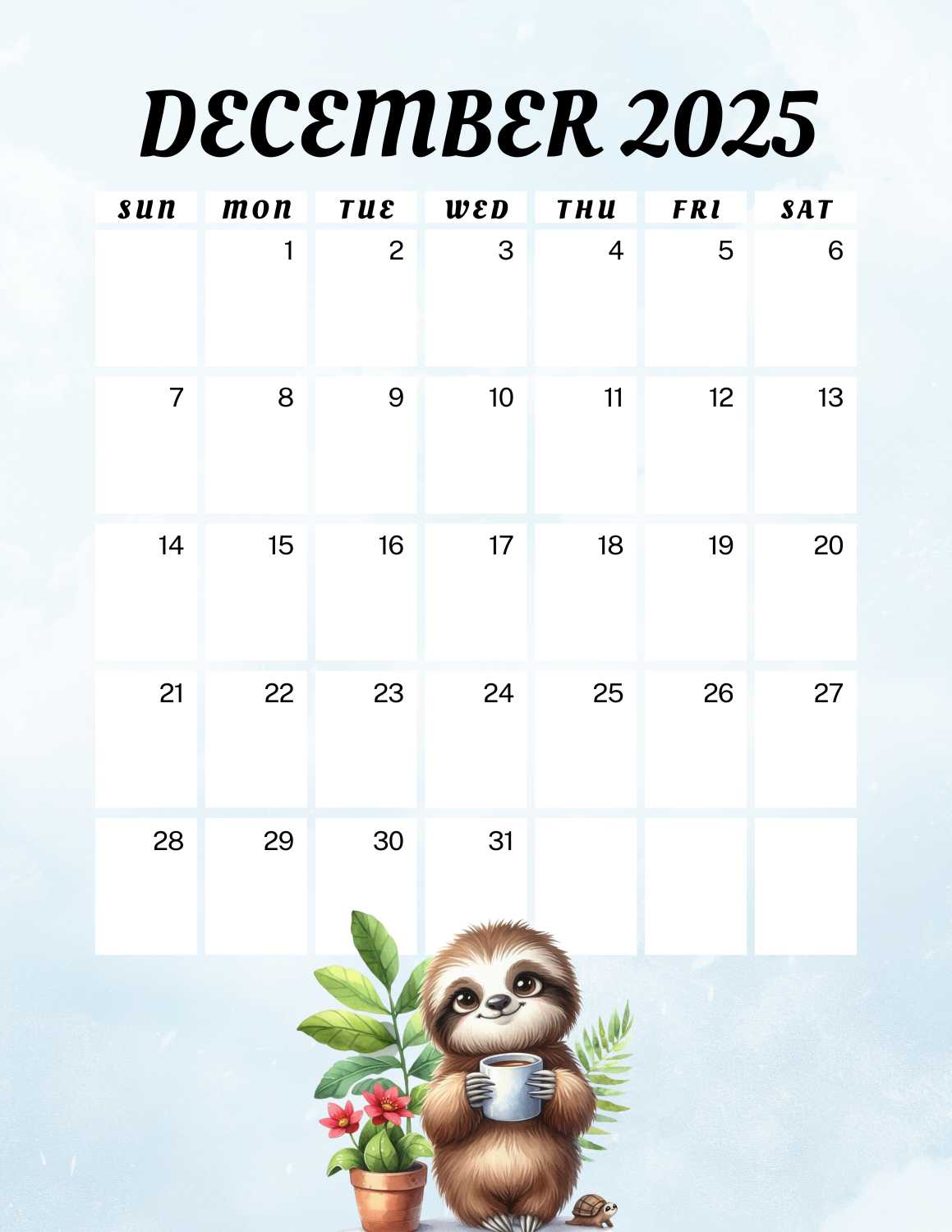 cute sloths calendar 2025 - December