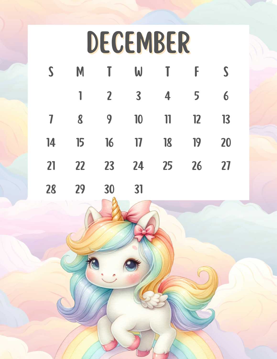 cute unicorn calendar 2025 - December