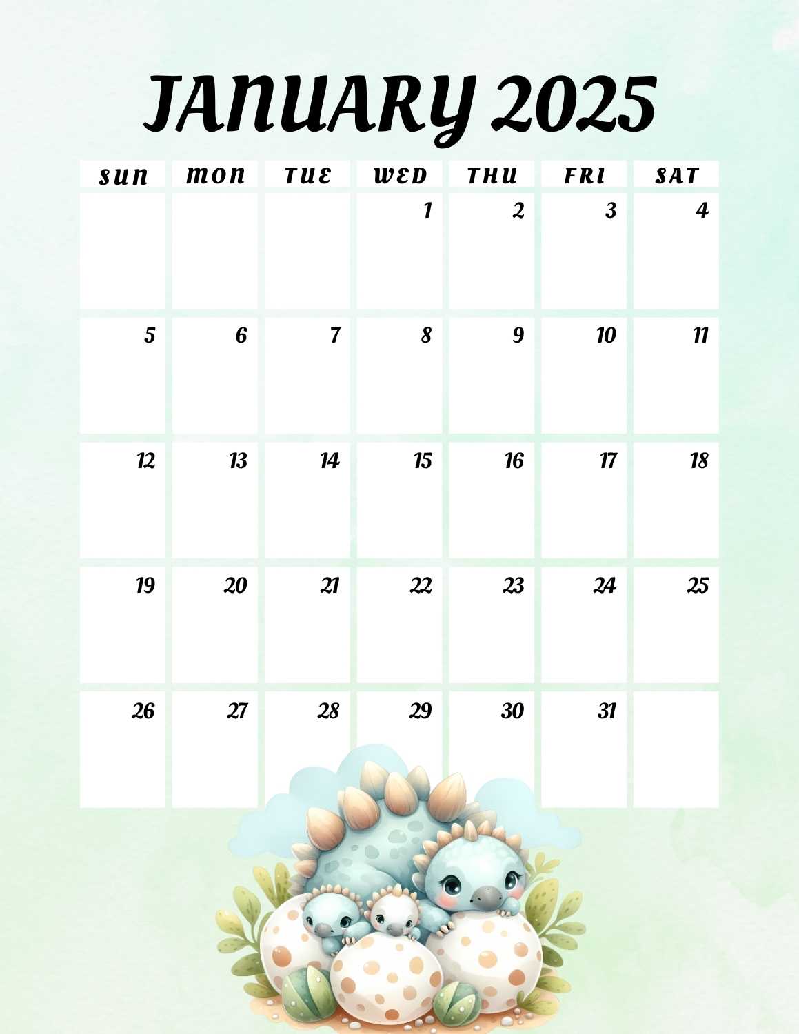 cute dinosaurs calendar 2025 - January