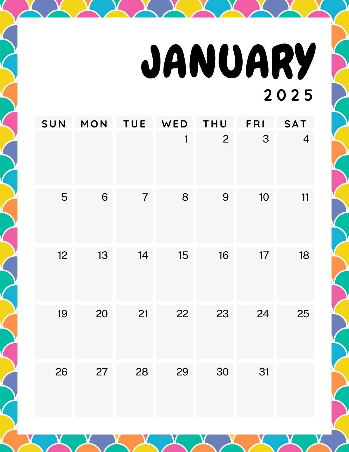 colorful calendar 2025 - January