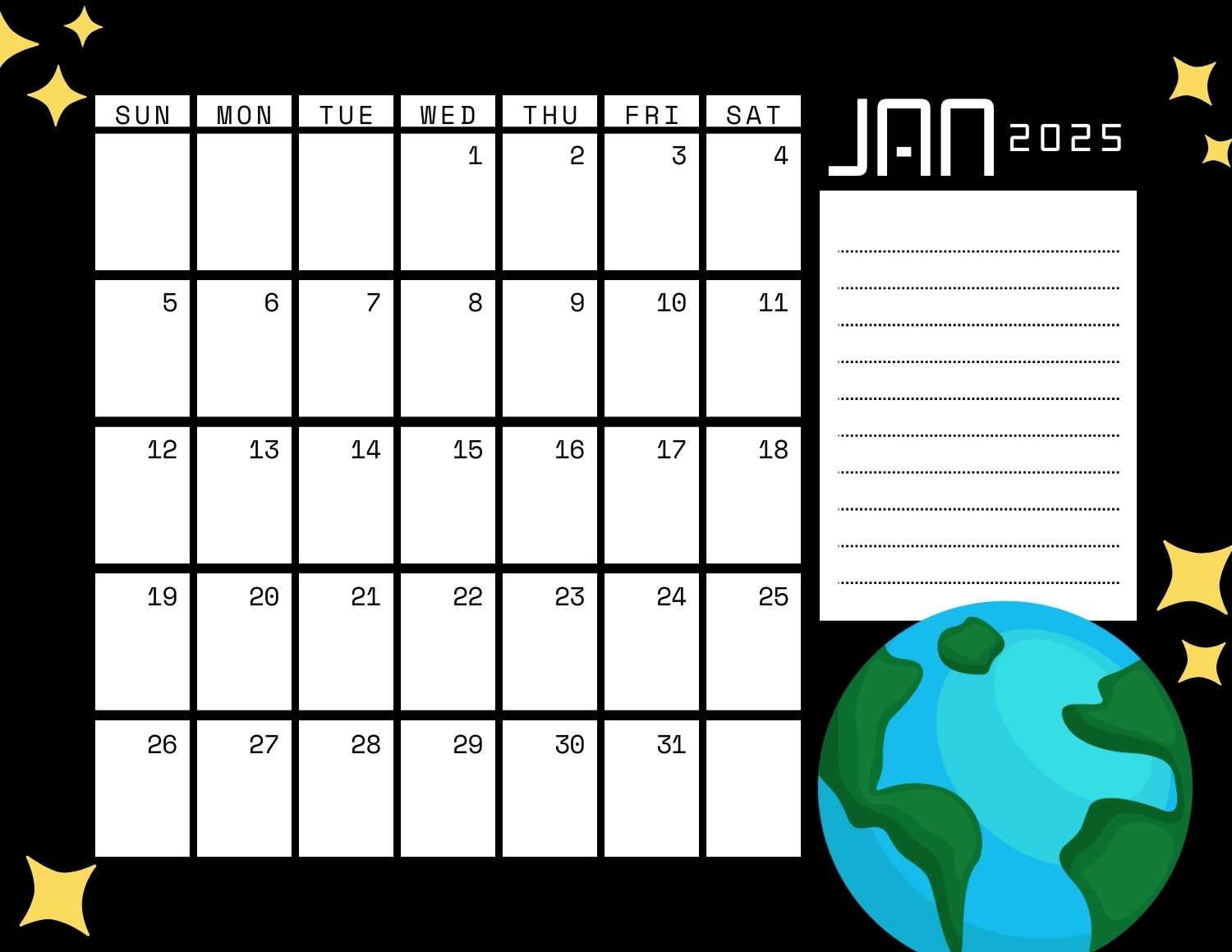 space (black) calendar 2025 - January