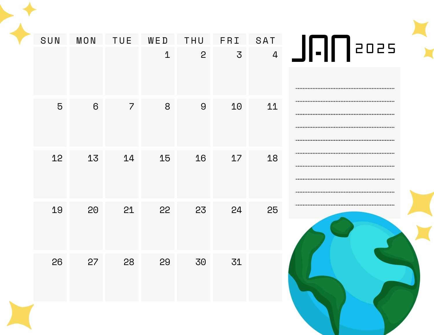 space (white) calendar 2025 - January