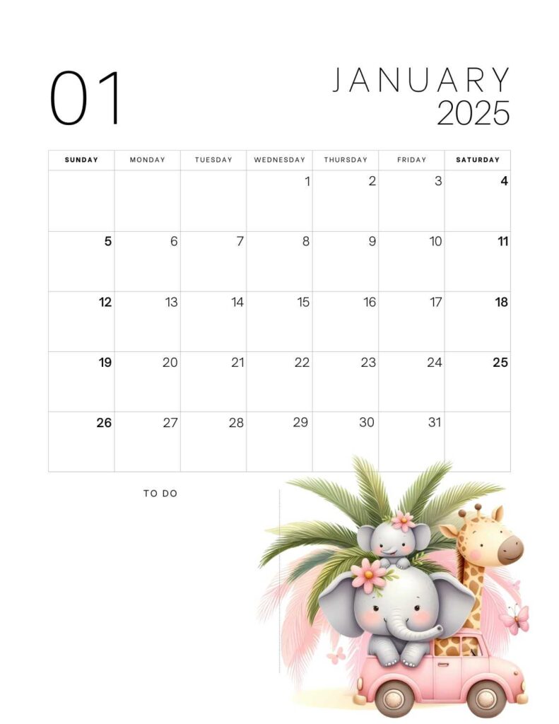 cute animals calendar 2025 - January