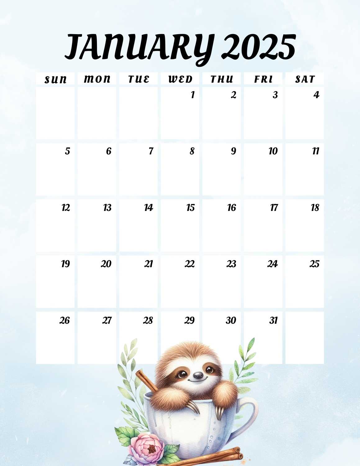 cute sloths calendar 2025 - January