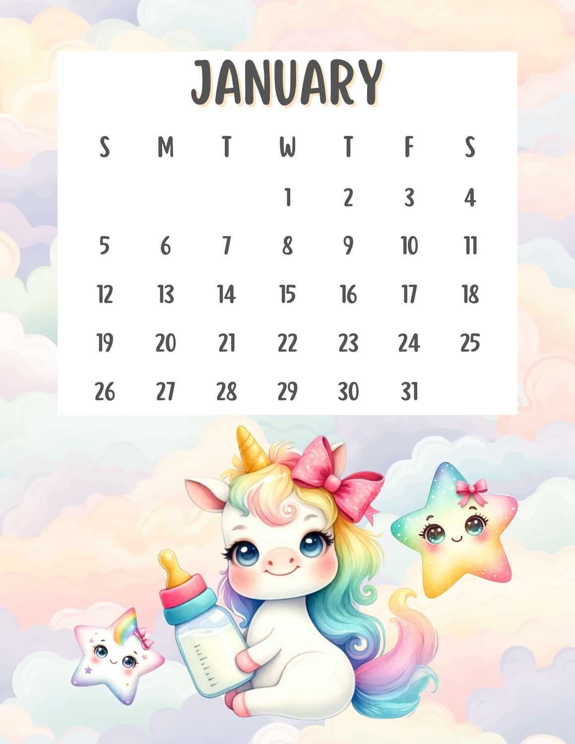 cute unicorn calendar 2025 - January