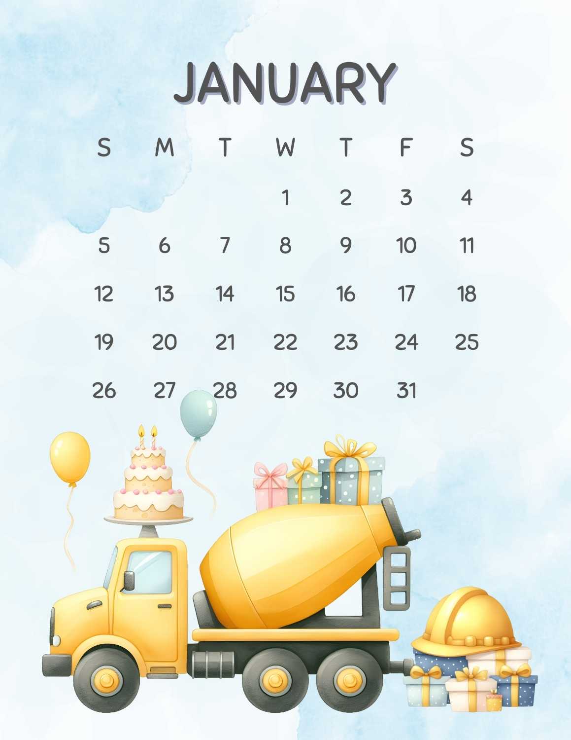 cute vehicles calendar 2025 - January