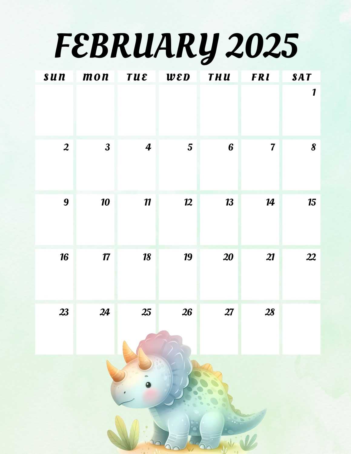 cute dinosaurs calendar 2025 - February