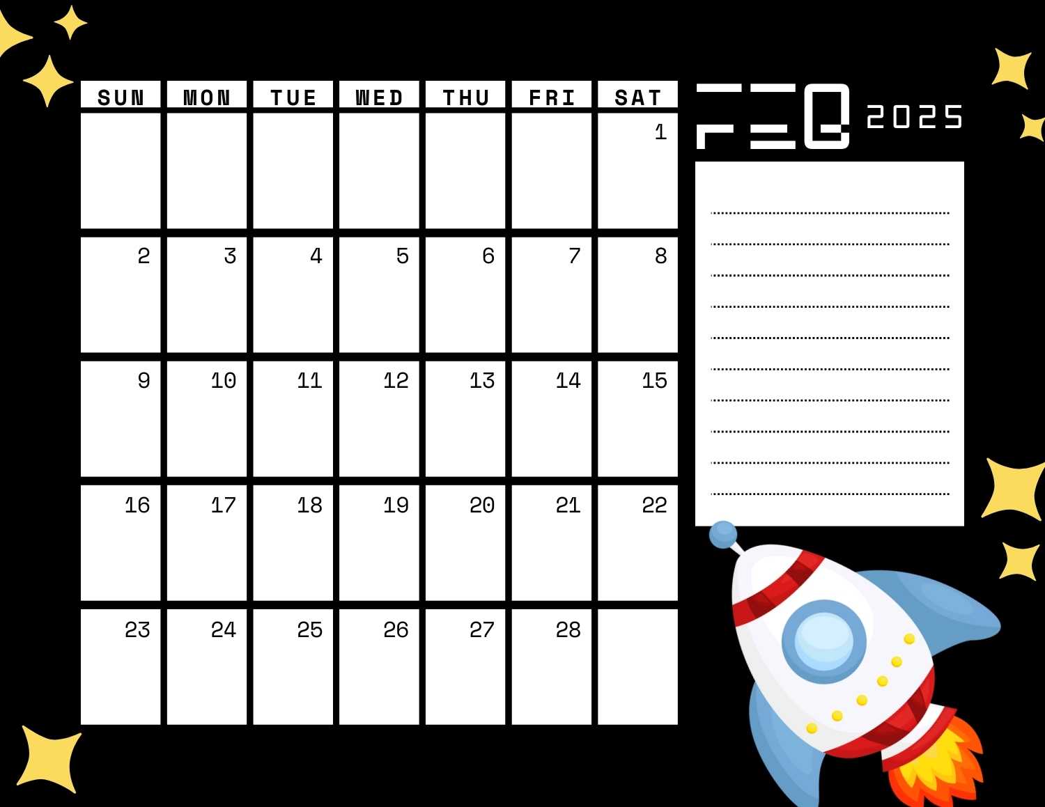 space (black) calendar 2025 - February