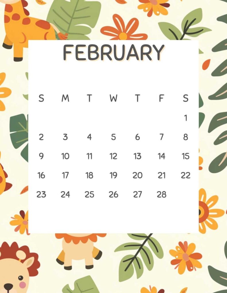 safari animals calendar 2025 - February