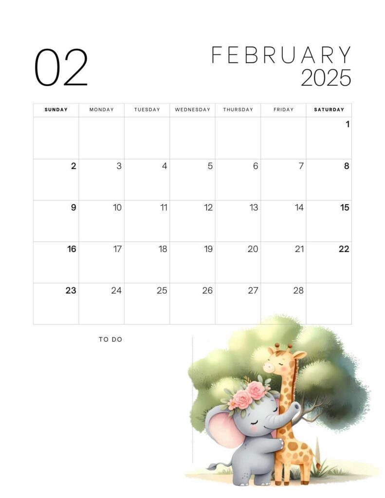 cute animals calendar 2025 - February