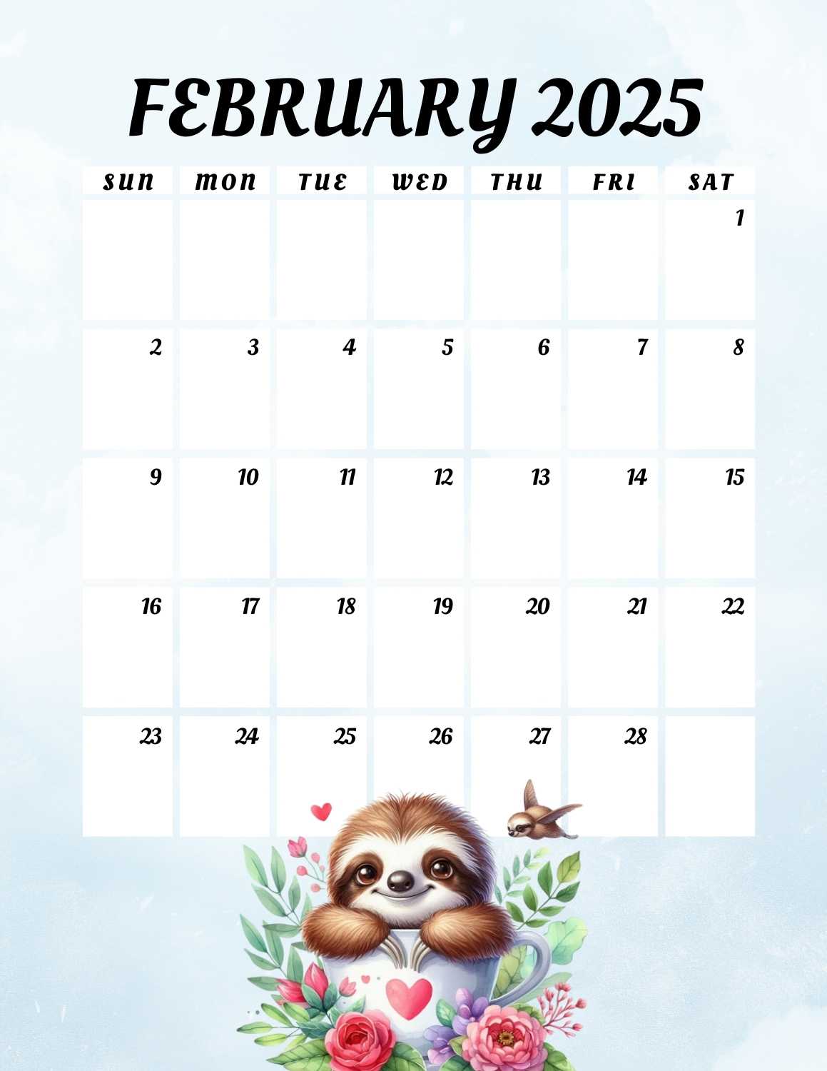 cute sloths calendar 2025 - February