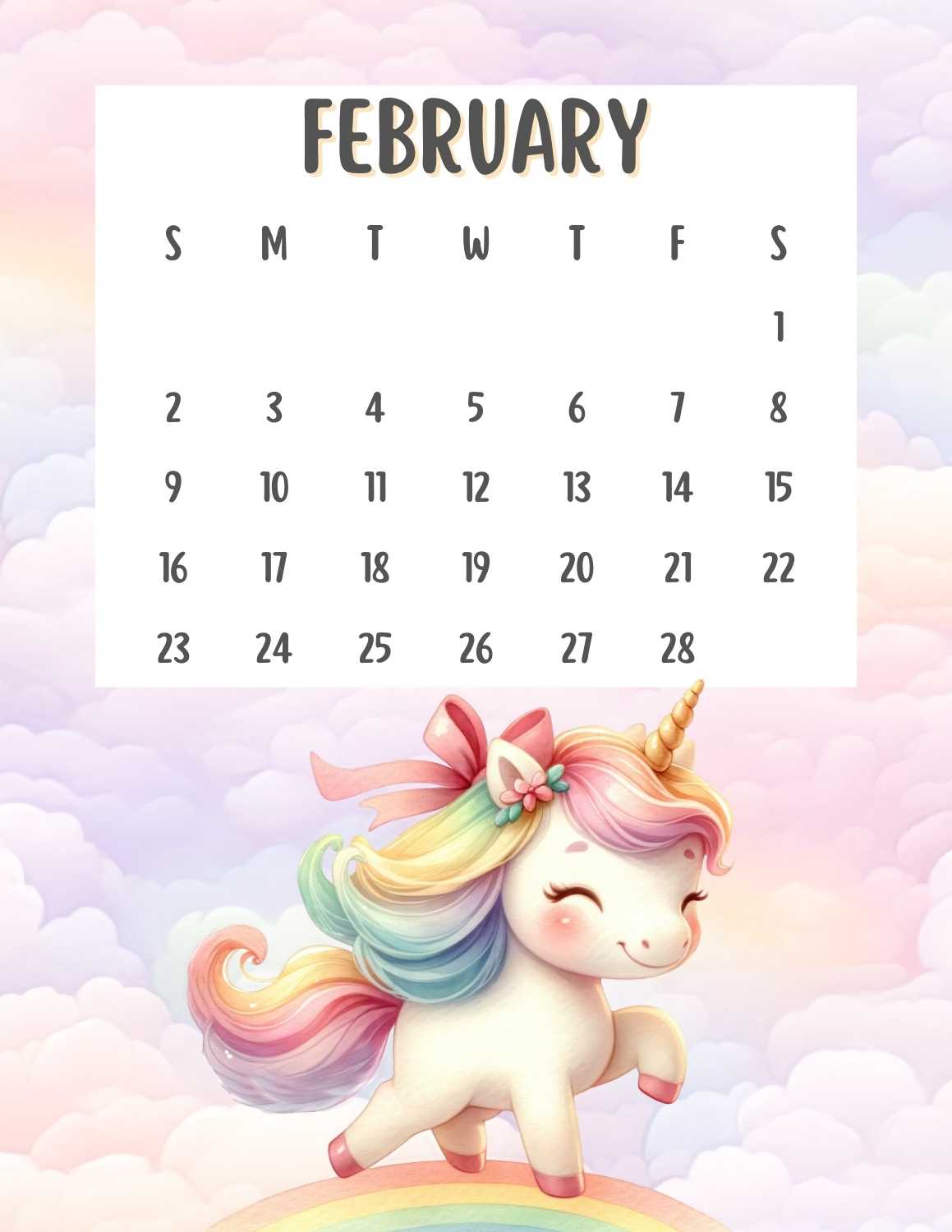 cute unicorn calendar 2025 - February