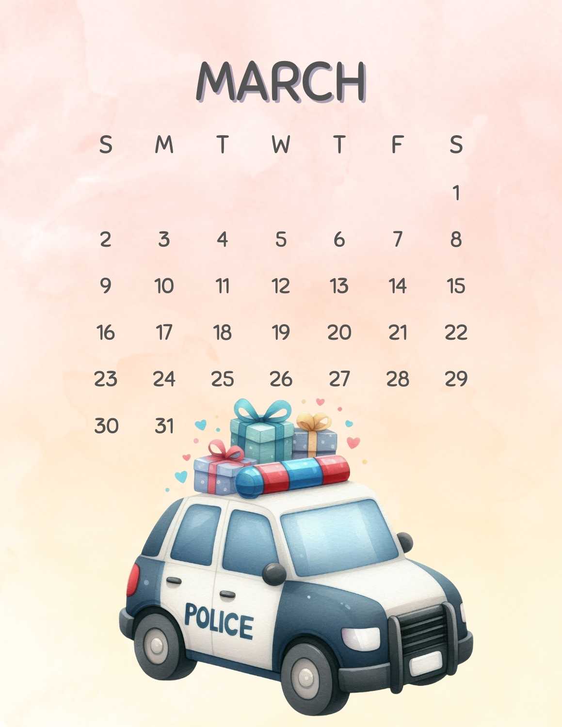 cute vehicles calendar 2025 - March