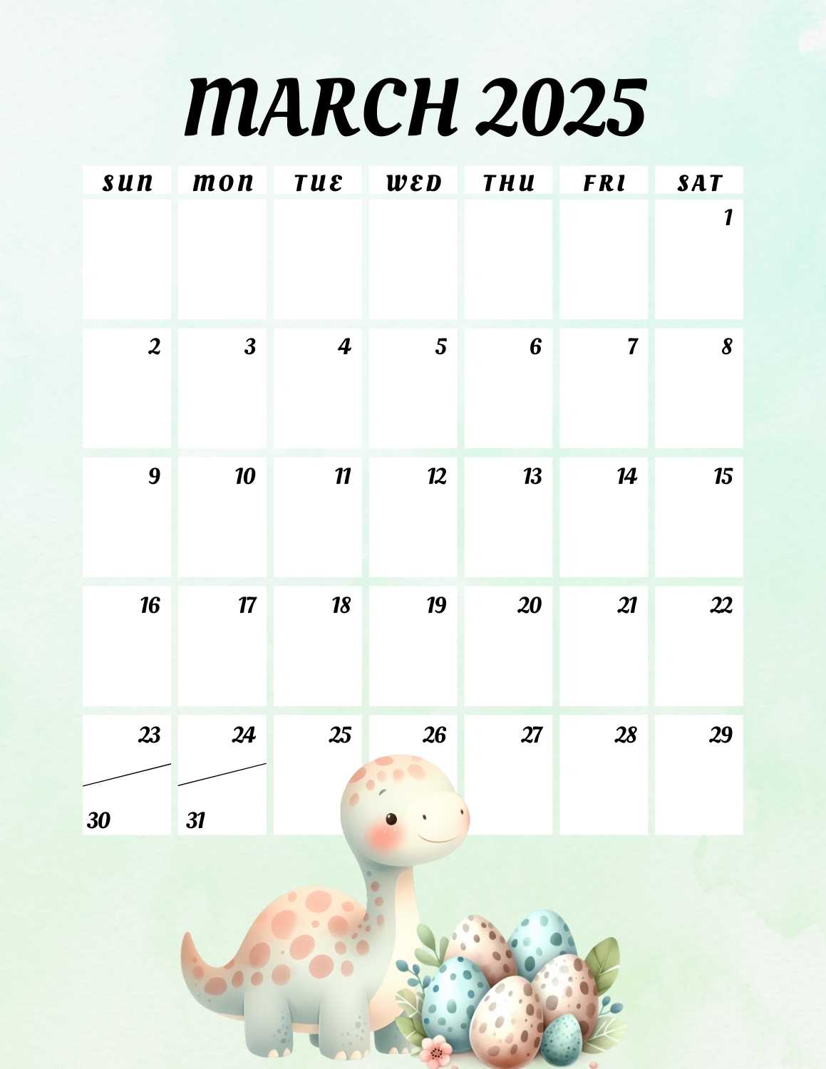 cute dinosaurs calendar 2025 - March